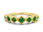 Round Emerald Square Bezel Chevron Band in Yellow gold with Milgrain Detailing