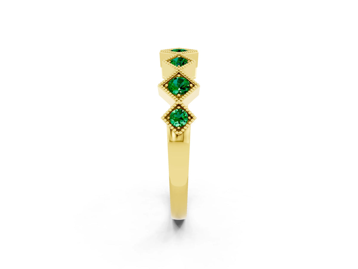 Round Emerald Square Bezel Chevron Band in Yellow gold with Milgrain Detailing_2