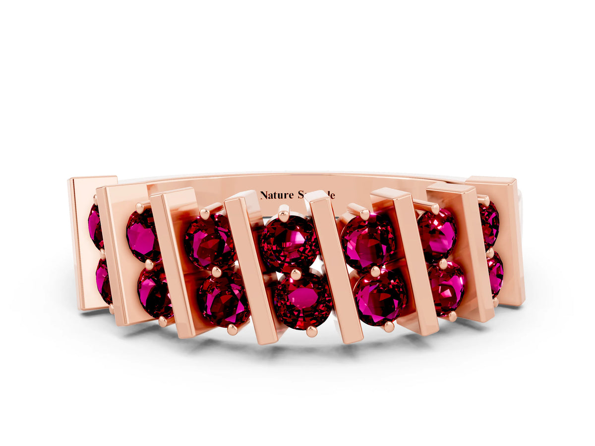 Round Garnet Anniversary Band in Rose gold with Channel Setting and Vertical Prongs
