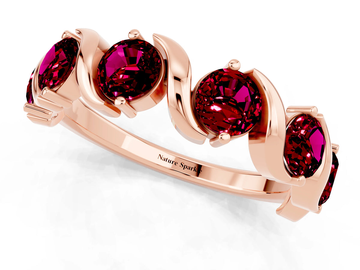Round Garnet Half Eternity Band in Rose gold with Wave Prong Setting_1