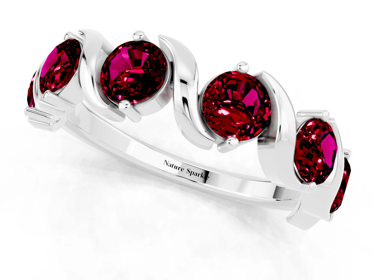 Round Garnet Half Eternity Band in Silver with Wave Prong Setting_1