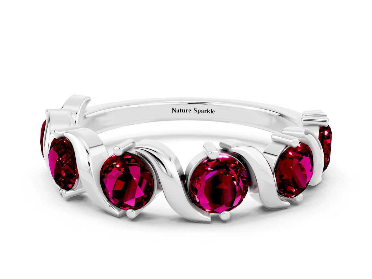 Round Garnet Half Eternity Band in White gold with Wave Prong Setting