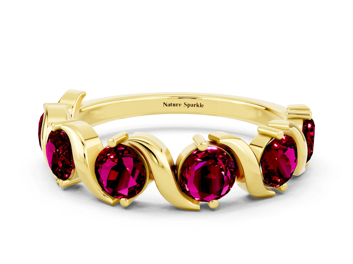 Round Garnet Half Eternity Band in Yellow gold with Wave Prong Setting