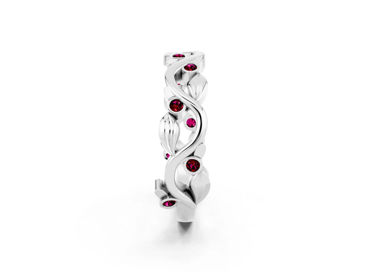 Round Garnet Leaf Motif Eternity Band in Platinum with Bezel Setting_2