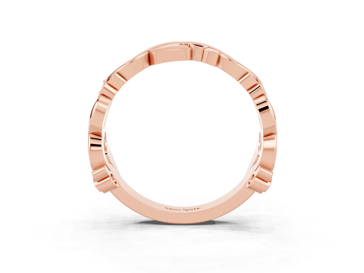Round Garnet Leaf Motif Eternity Band in Rose gold with Bezel Setting_3