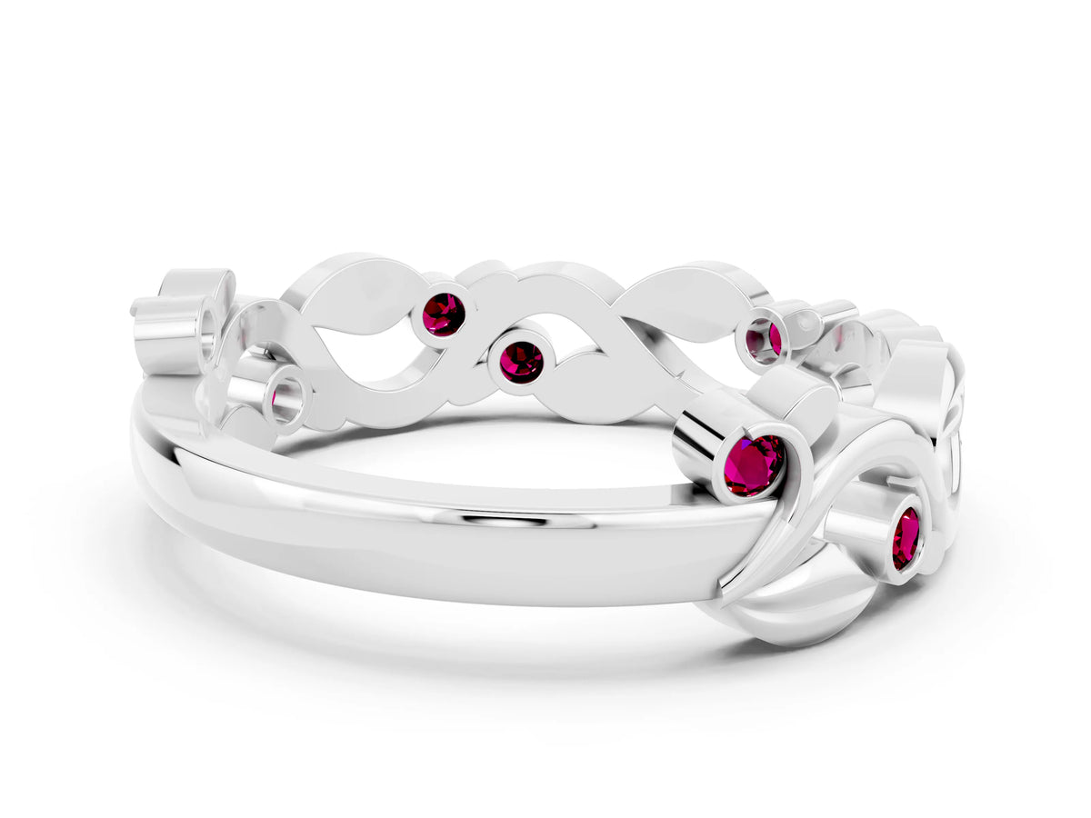 Round Garnet Leaf Motif Eternity Band in Silver with Bezel Setting