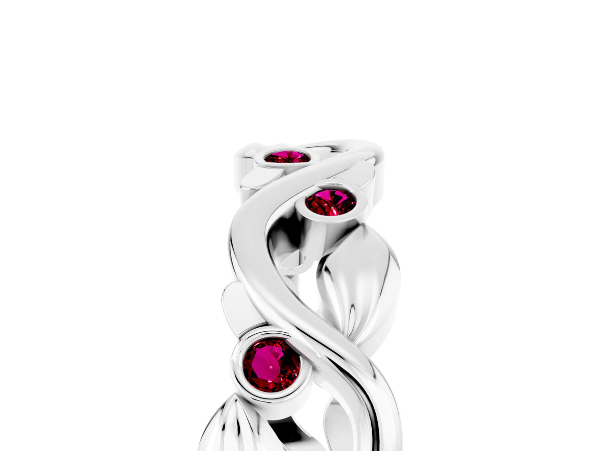 Round Garnet Leaf Motif Eternity Band in White gold with Bezel Setting_5