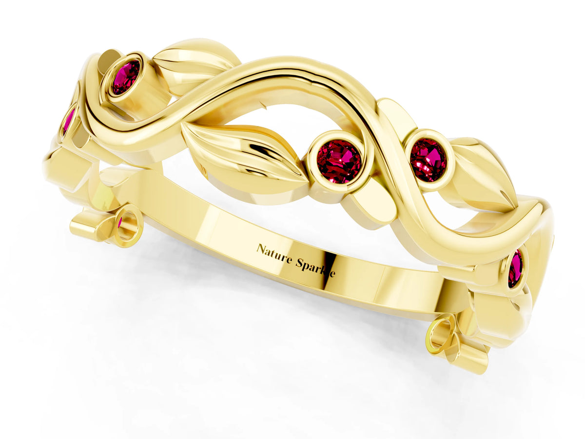 Round Garnet Leaf Motif Eternity Band in Yellow gold with Bezel Setting_1