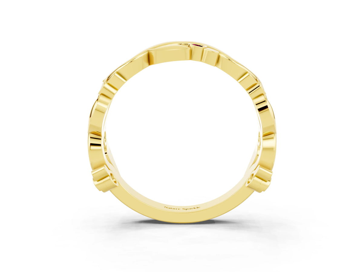 Round Garnet Leaf Motif Eternity Band in Yellow gold with Bezel Setting_3