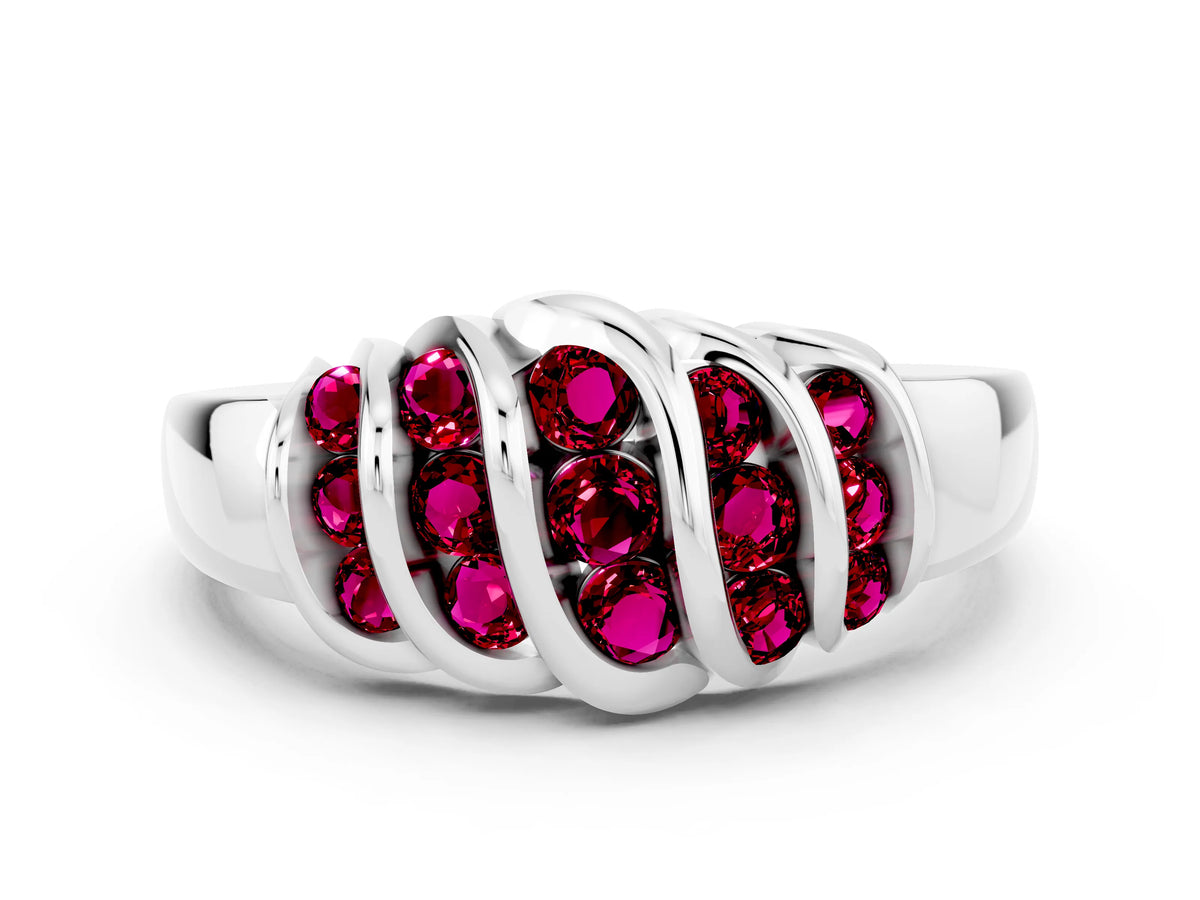 Round Garnet Multi-Row Crossover Band in Silver with Polished Curves