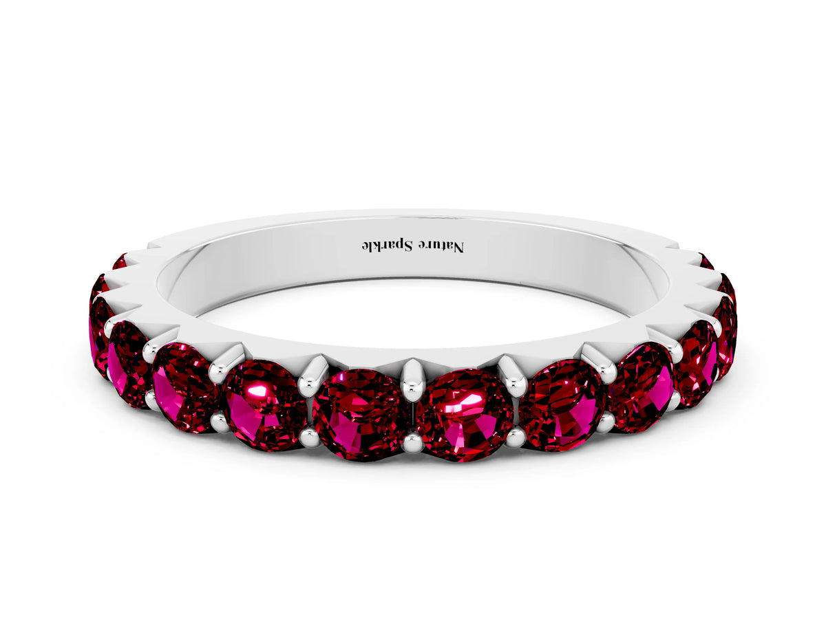 Round Garnet Polished Half Eternity Band in Platinum with Classic Prong Setting