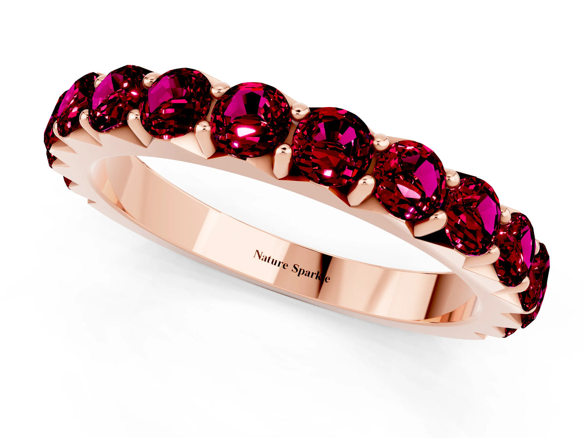 Round Garnet Polished Half Eternity Band in Rose gold with Classic Prong Setting_1