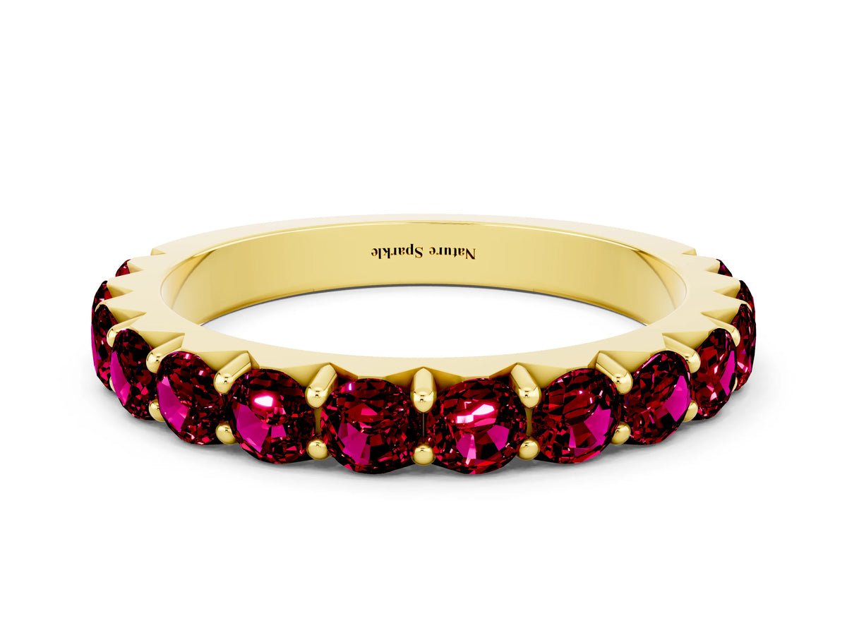 Round Garnet Polished Half Eternity Band in Yellow gold with Classic Prong Setting