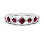 Round Garnet Square Bezel Chevron Band in Platinum with Milgrain Detailing