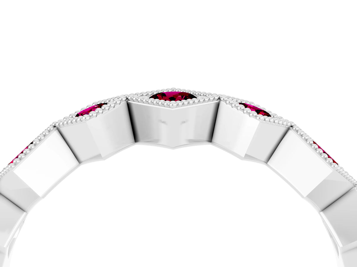 Round Garnet Square Bezel Chevron Band in Platinum with Milgrain Detailing_4