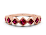 Round Garnet Square Bezel Chevron Band in Rose gold with Milgrain Detailing