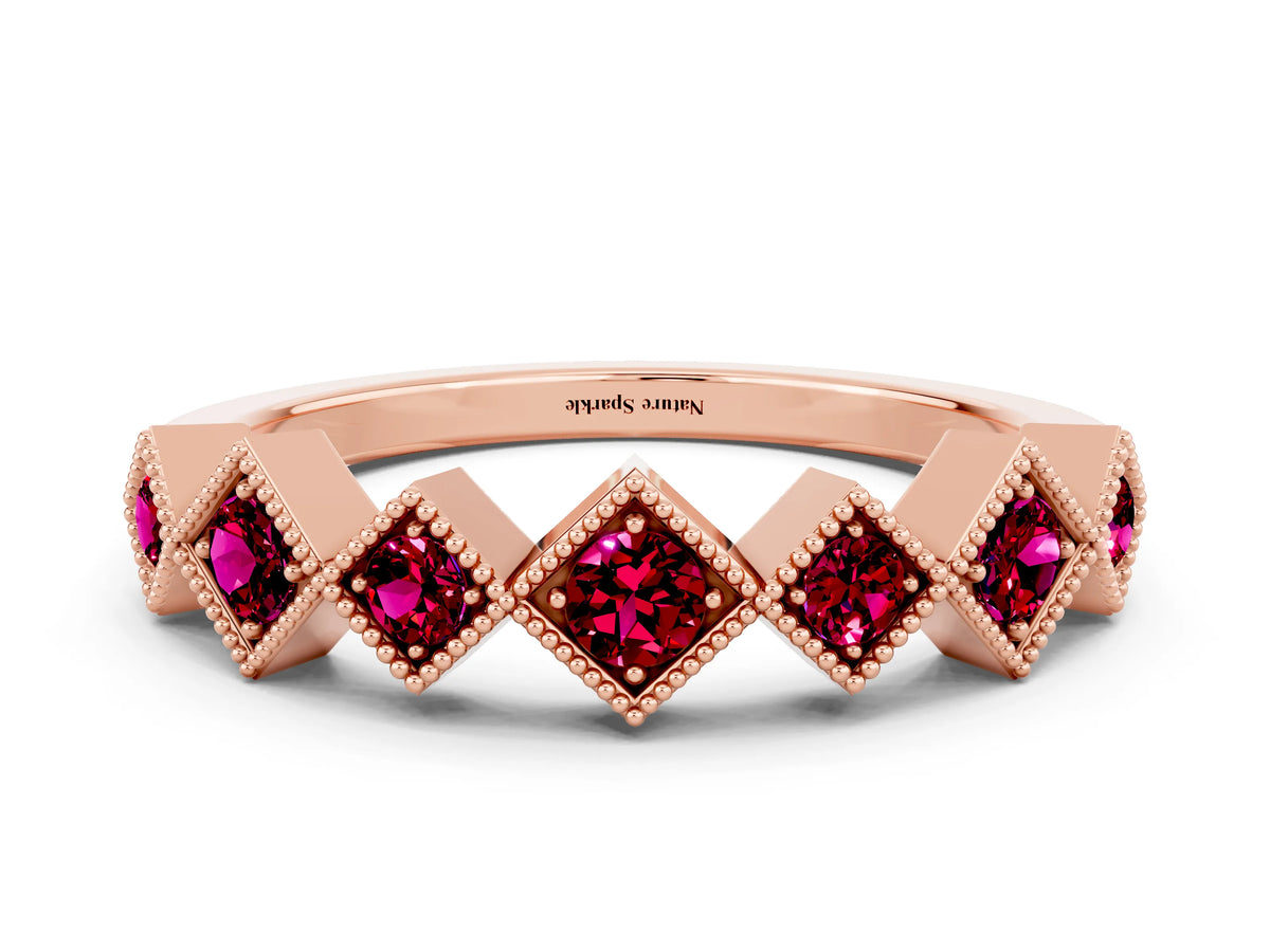 Round Garnet Square Bezel Chevron Band in Rose gold with Milgrain Detailing
