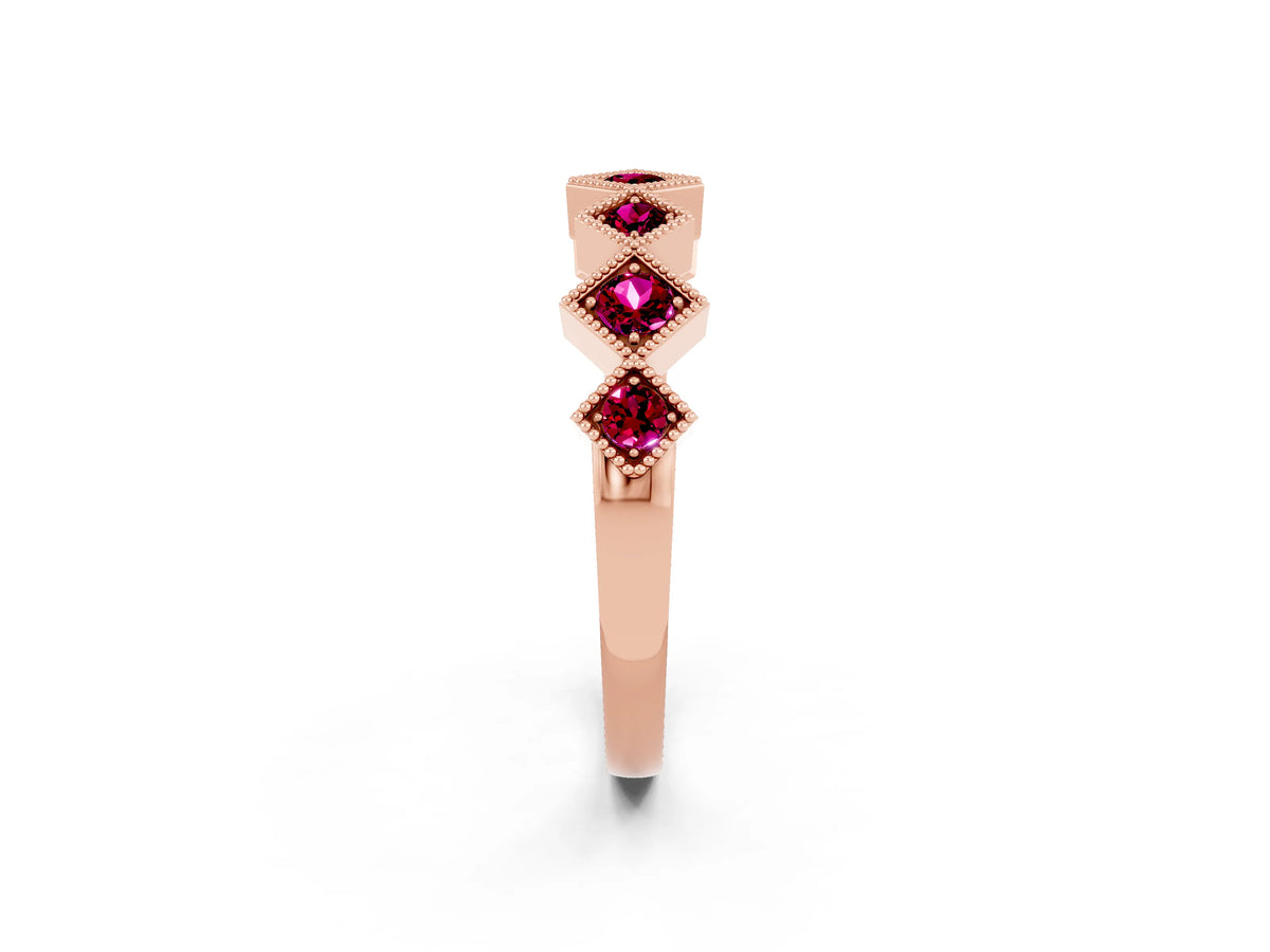 Round Garnet Square Bezel Chevron Band in Rose gold with Milgrain Detailing_2