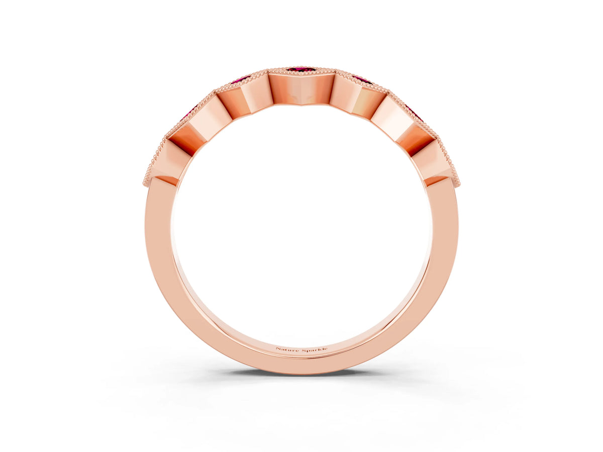 Round Garnet Square Bezel Chevron Band in Rose gold with Milgrain Detailing_3