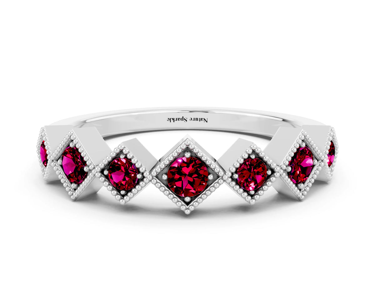 Round Garnet Square Bezel Chevron Band in Silver with Milgrain Detailing
