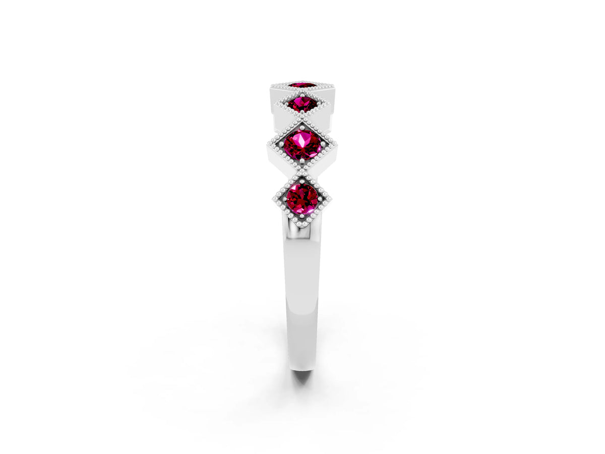 Round Garnet Square Bezel Chevron Band in Silver with Milgrain Detailing_2