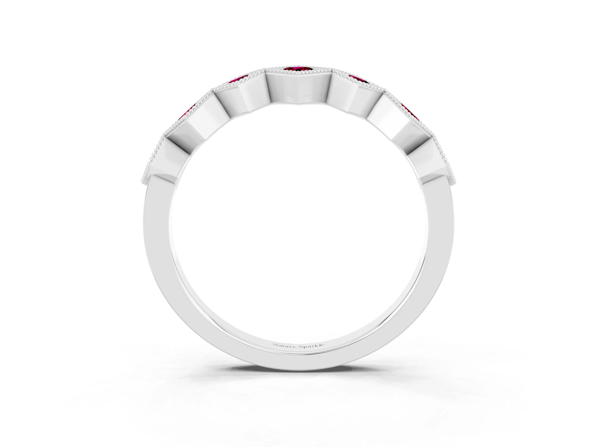 Round Garnet Square Bezel Chevron Band in Silver with Milgrain Detailing_3