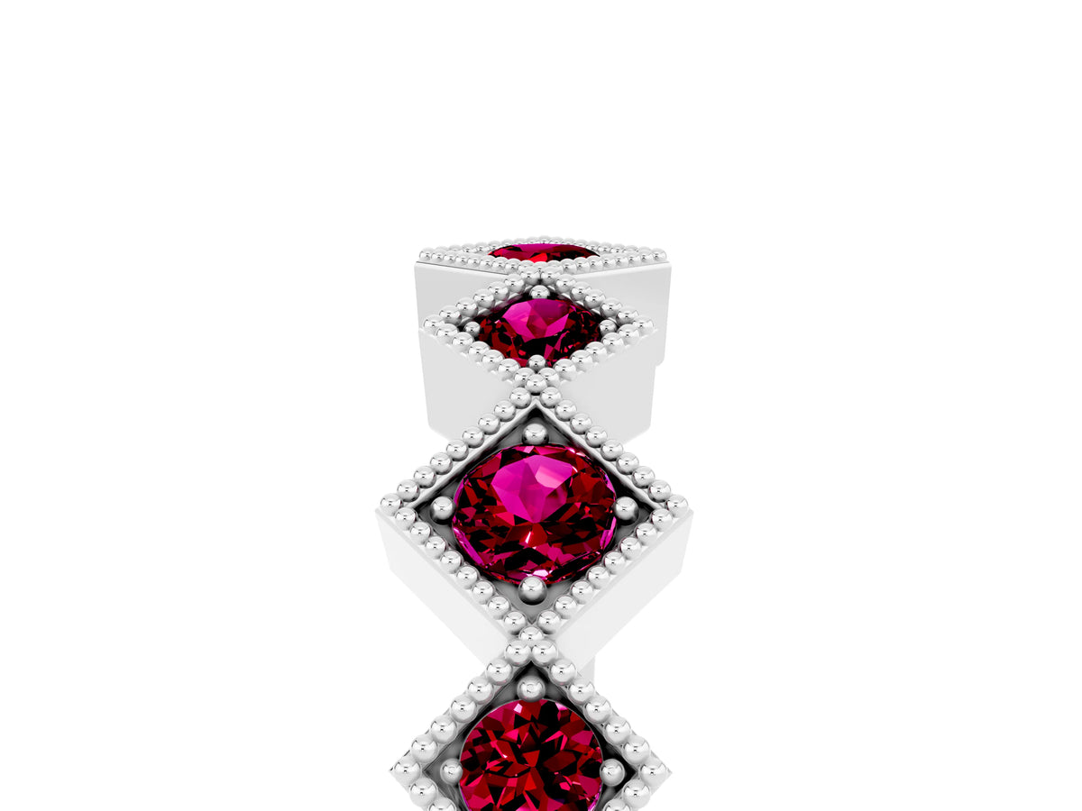 Round Garnet Square Bezel Chevron Band in Silver with Milgrain Detailing_5
