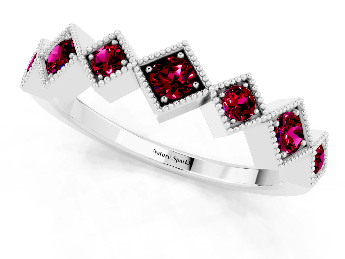 Round Garnet Square Bezel Chevron Band in White gold with Milgrain Detailing_1