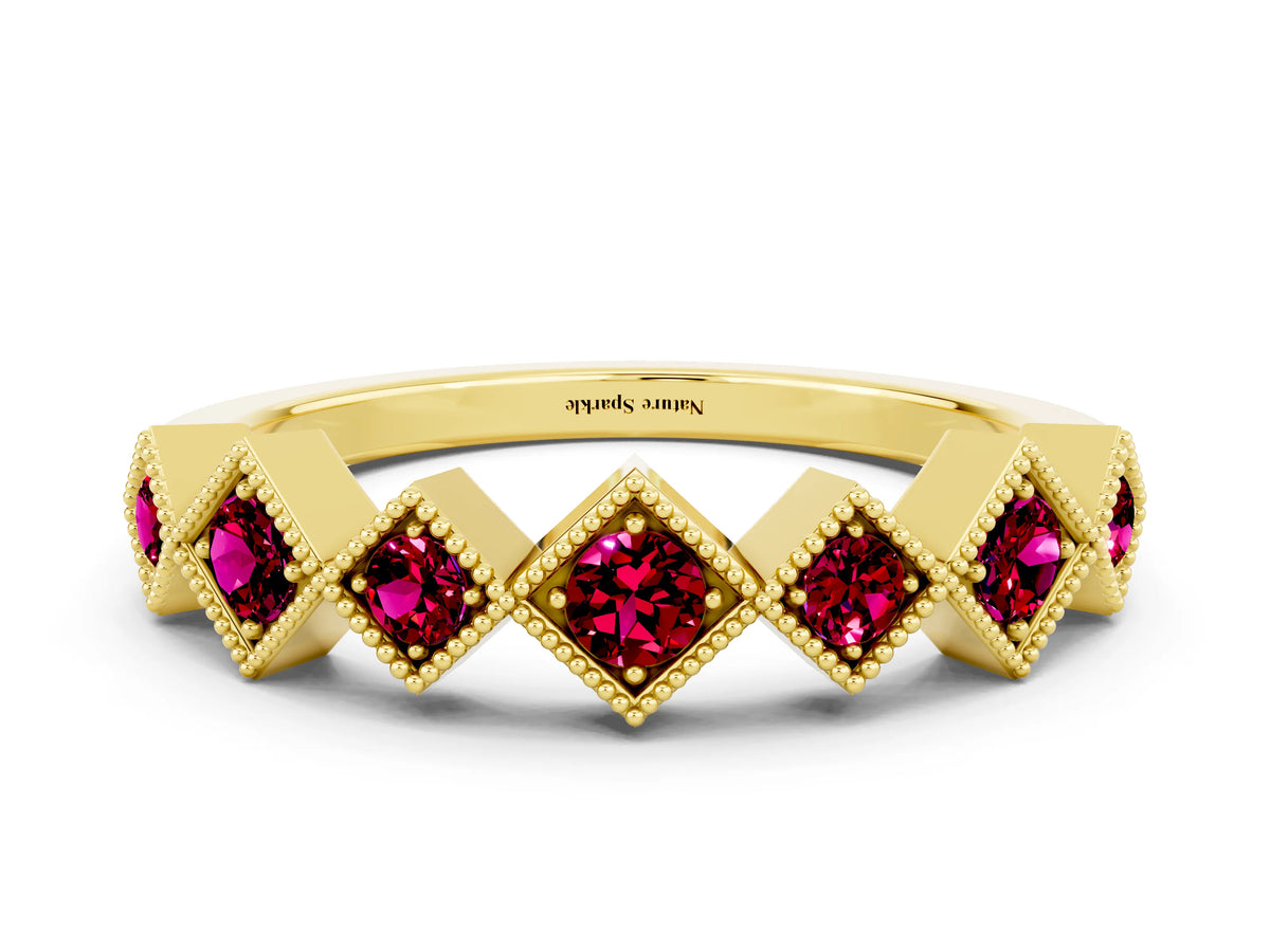Round Garnet Square Bezel Chevron Band in Yellow gold with Milgrain Detailing