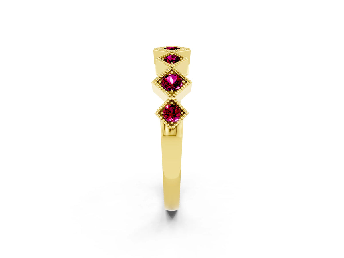 Round Garnet Square Bezel Chevron Band in Yellow gold with Milgrain Detailing_2