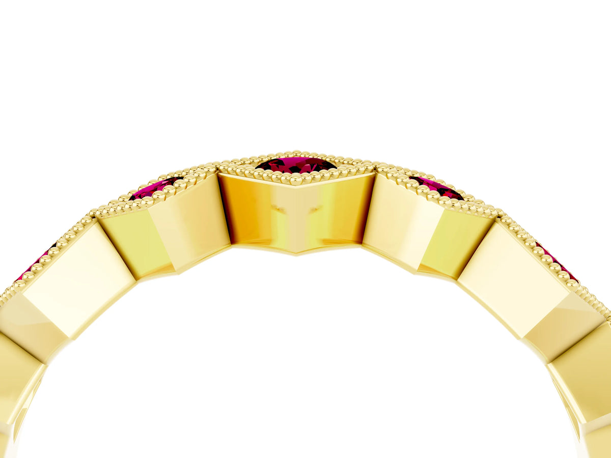 Round Garnet Square Bezel Chevron Band in Yellow gold with Milgrain Detailing_4