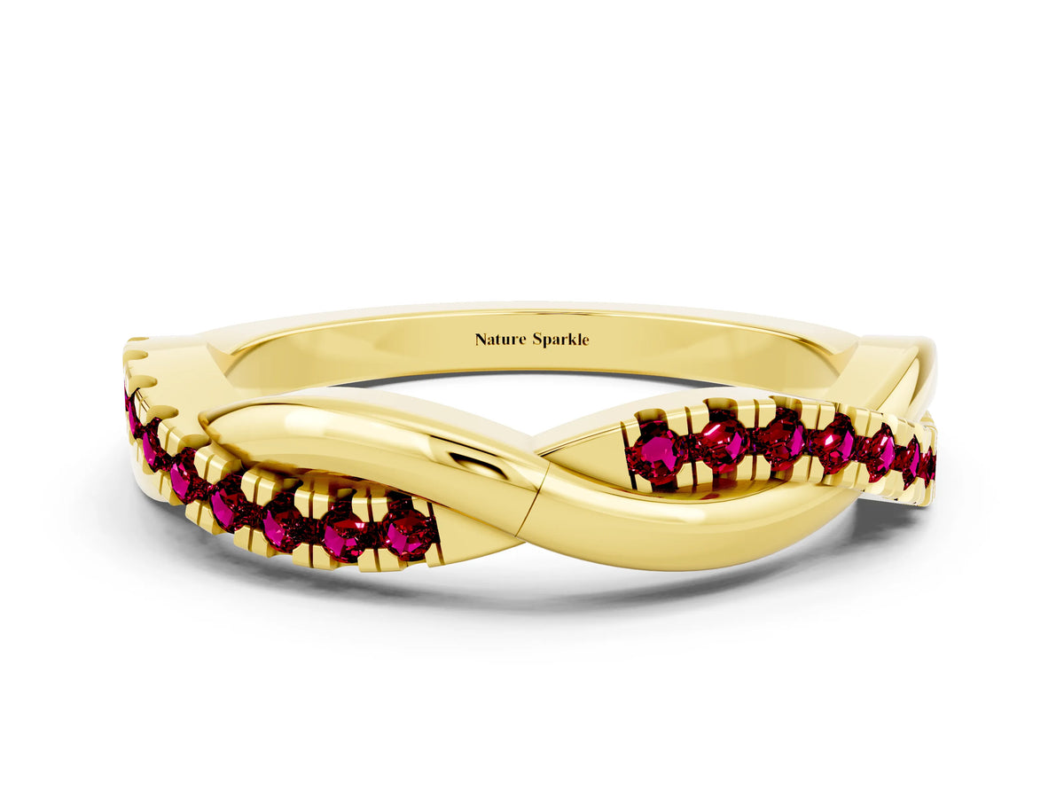 Round Garnet Twisted Infinity Band in Yellow gold with Prong Setting