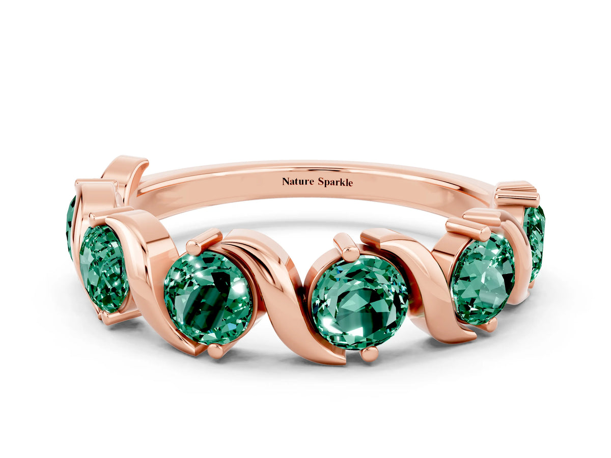 Round Green Sapphire Half Eternity Band in Rose gold with Wave Prong Setting