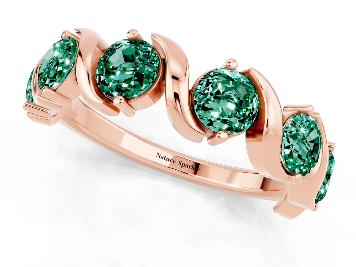 Round Green Sapphire Half Eternity Band in Rose gold with Wave Prong Setting_1