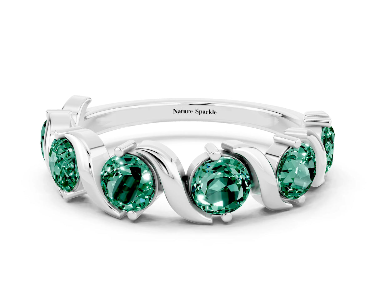 Round Green Sapphire Half Eternity Band in White gold with Wave Prong Setting