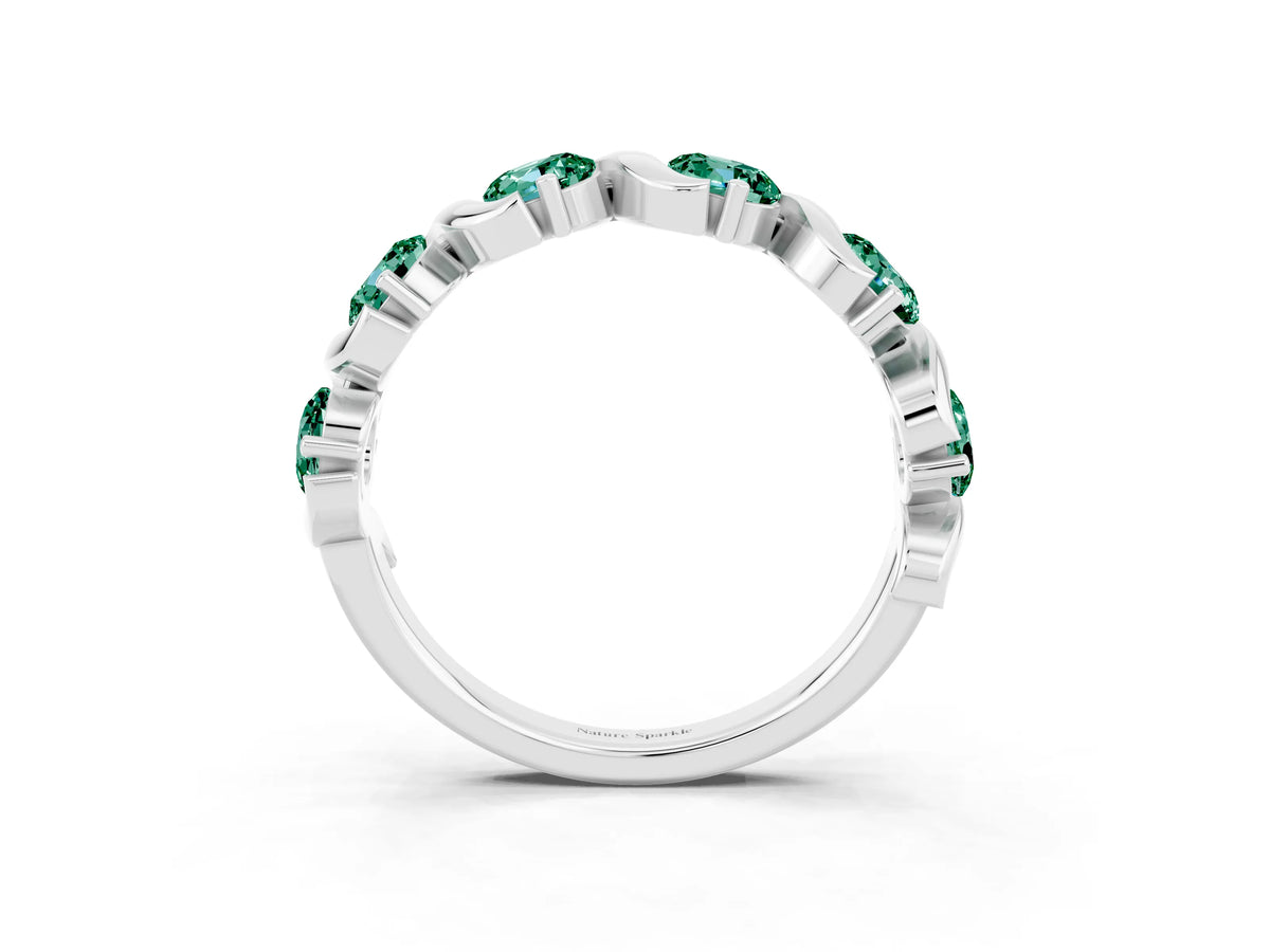 Round Green Sapphire Half Eternity Band in White gold with Wave Prong Setting_3