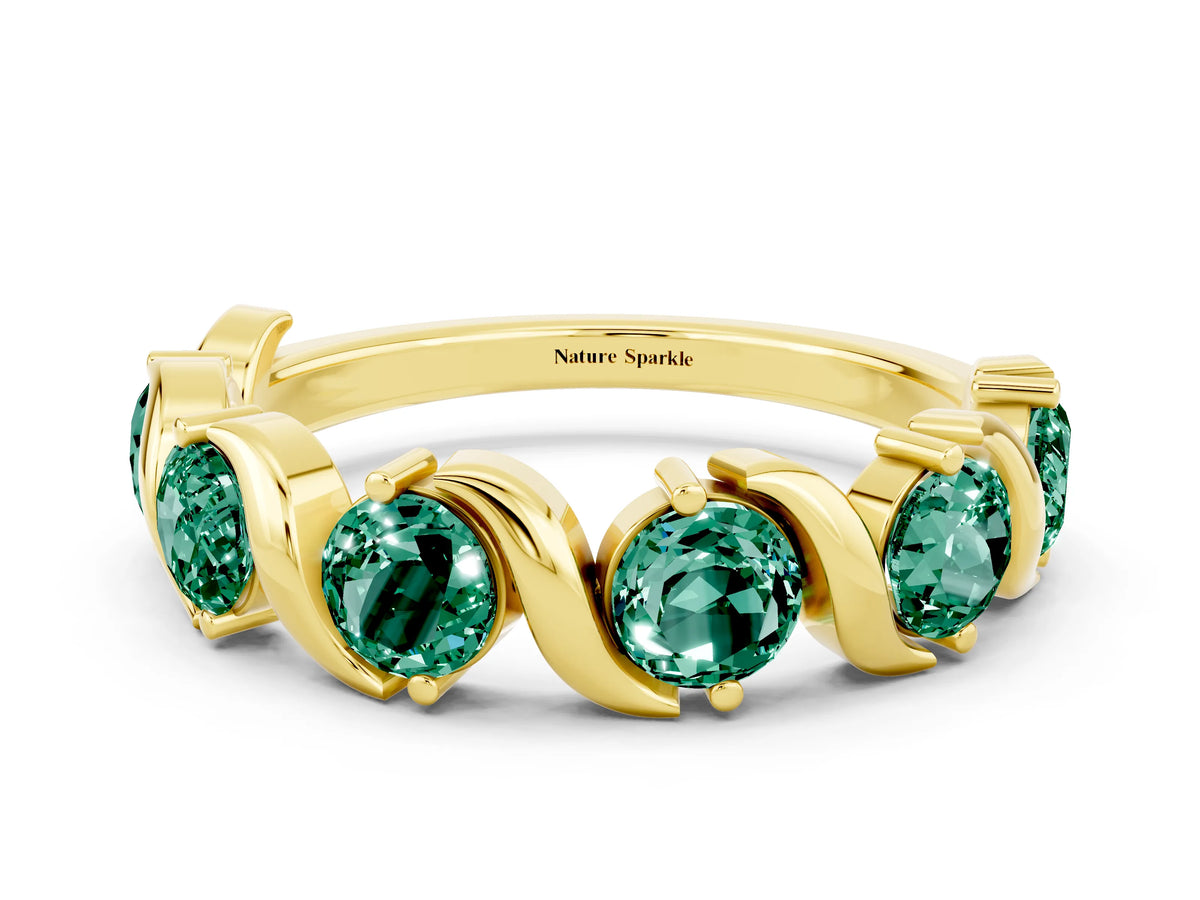 Round Green Sapphire Half Eternity Band in Yellow gold with Wave Prong Setting