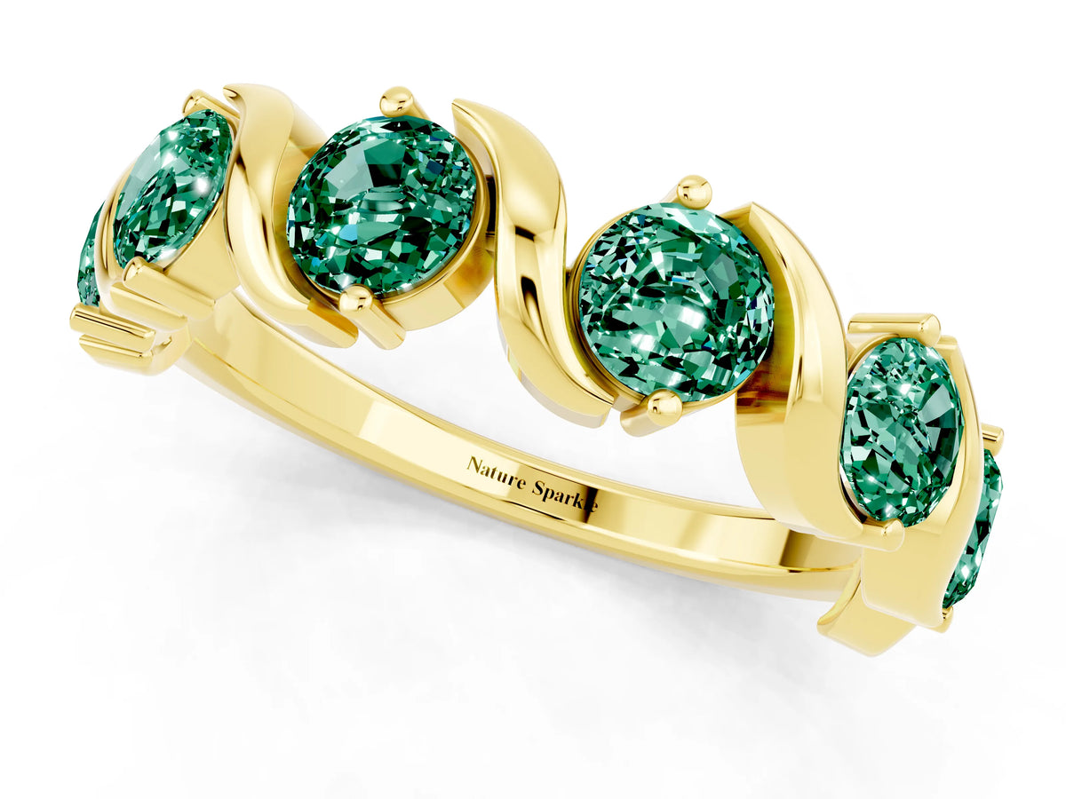 Round Green Sapphire Half Eternity Band in Yellow gold with Wave Prong Setting_1