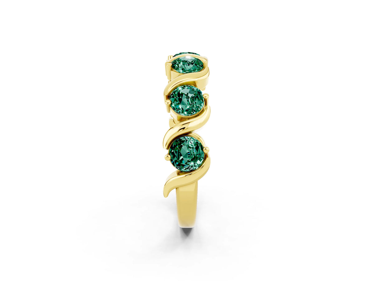 Round Green Sapphire Half Eternity Band in Yellow gold with Wave Prong Setting_2