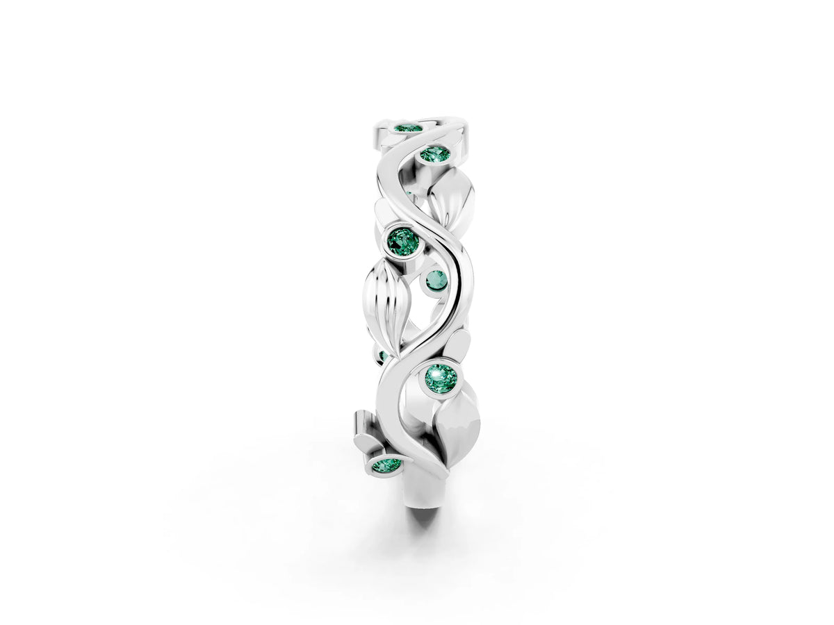 Round Green Sapphire Leaf Motif Eternity Band in Platinum with Bezel Setting_2