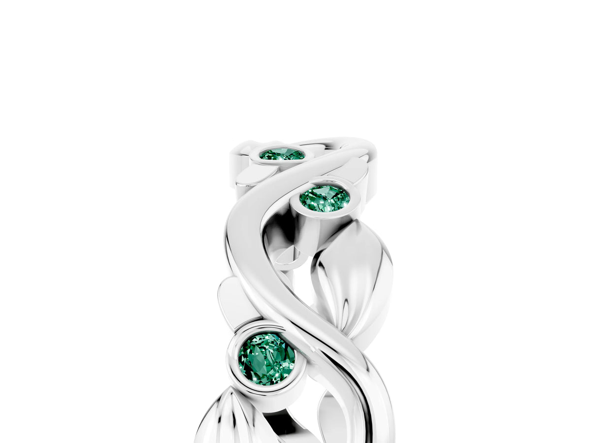 Round Green Sapphire Leaf Motif Eternity Band in Platinum with Bezel Setting_5