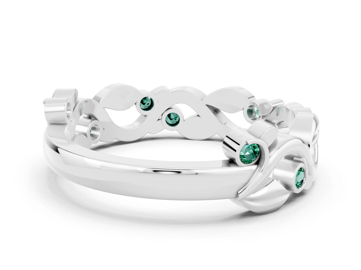 Round Green Sapphire Leaf Motif Eternity Band in Silver with Bezel Setting