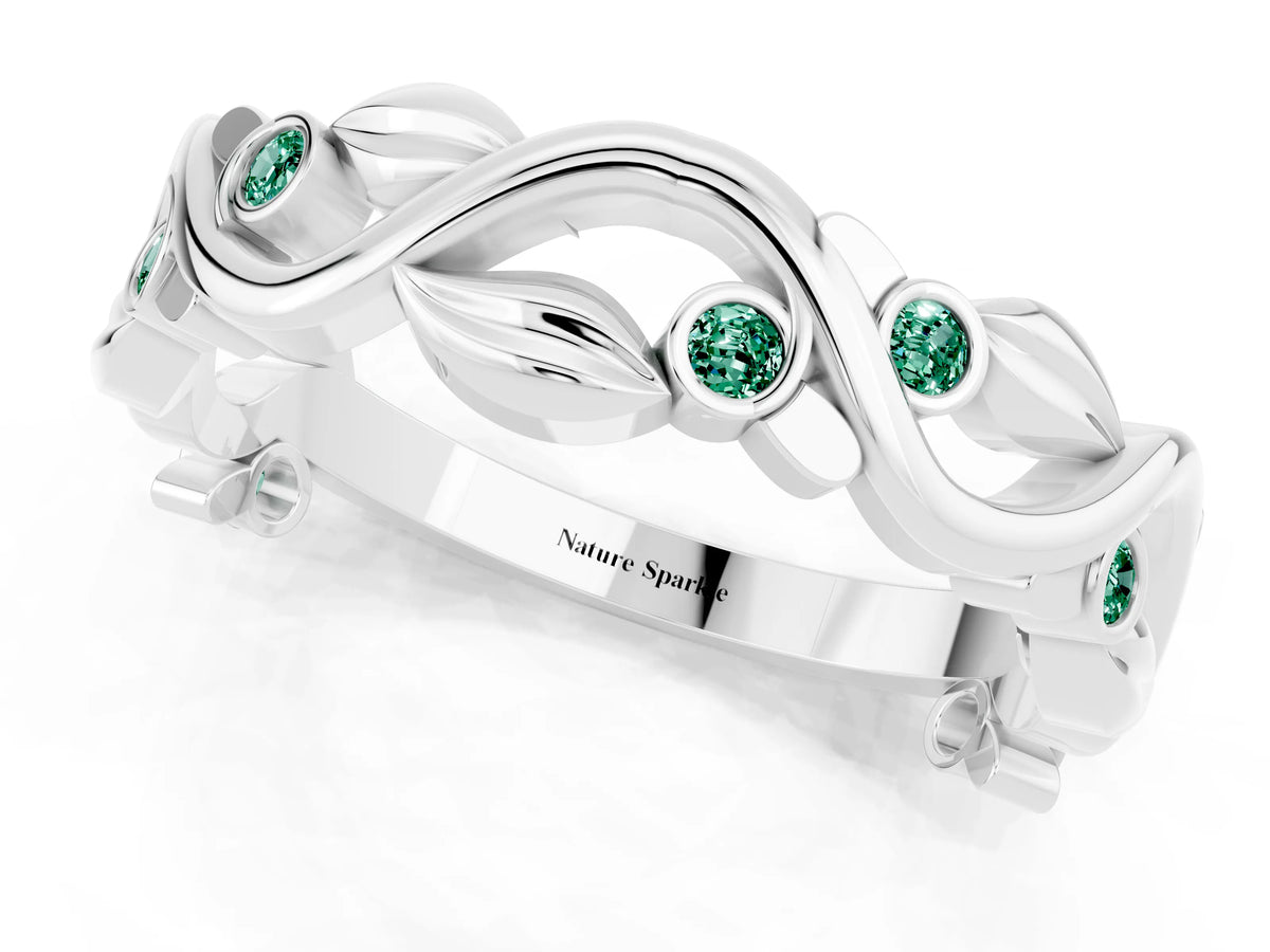 Round Green Sapphire Leaf Motif Eternity Band in Silver with Bezel Setting_1