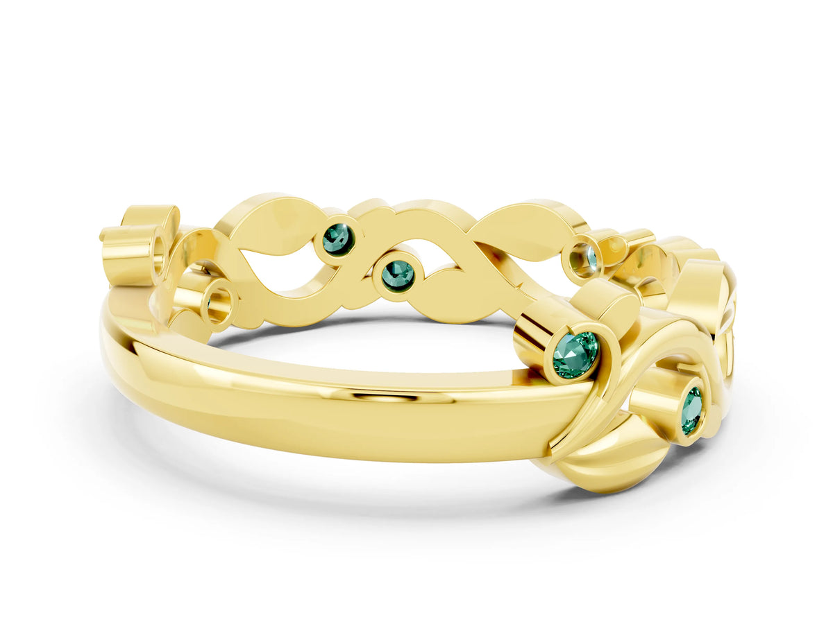 Round Green Sapphire Leaf Motif Eternity Band in Yellow gold with Bezel Setting