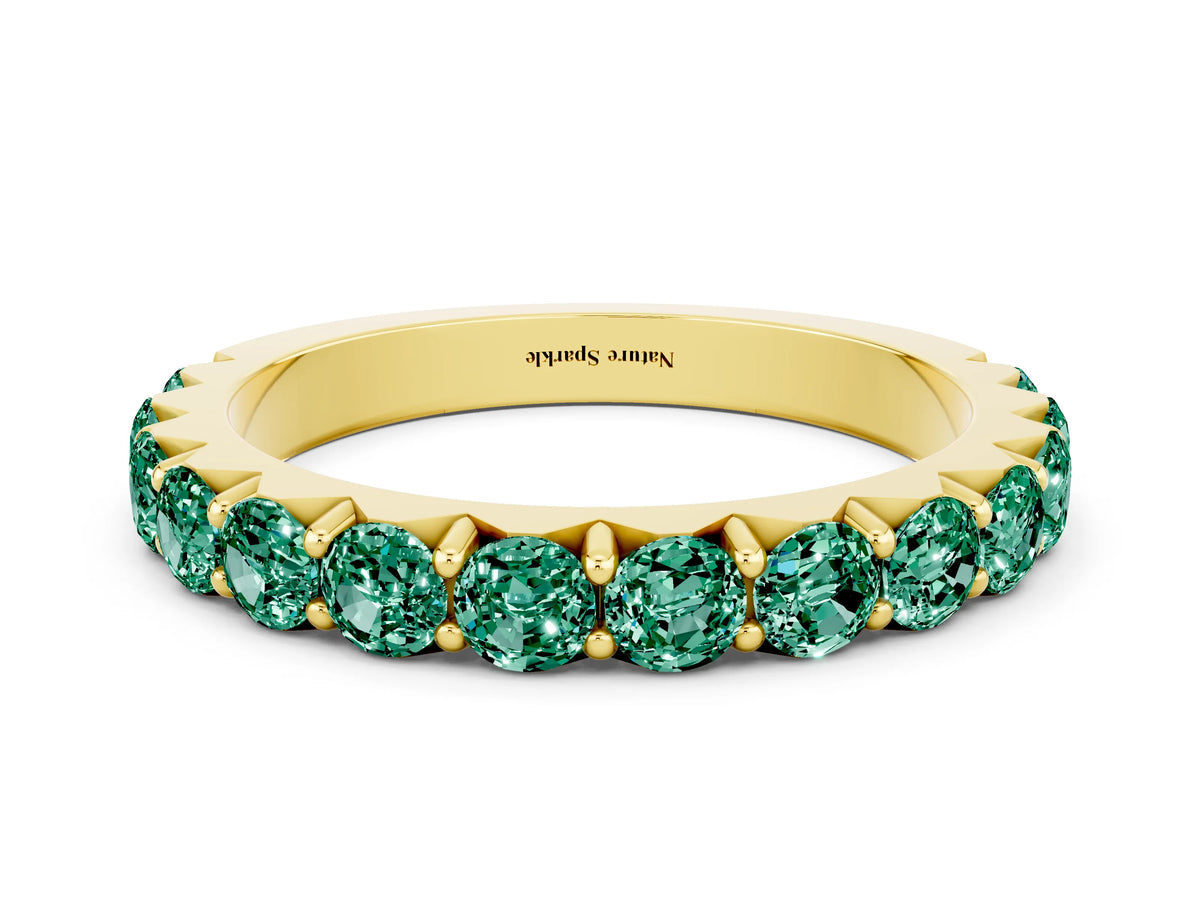 Round Green Sapphire Polished Half Eternity Band in Yellow gold with Classic Prong Setting
