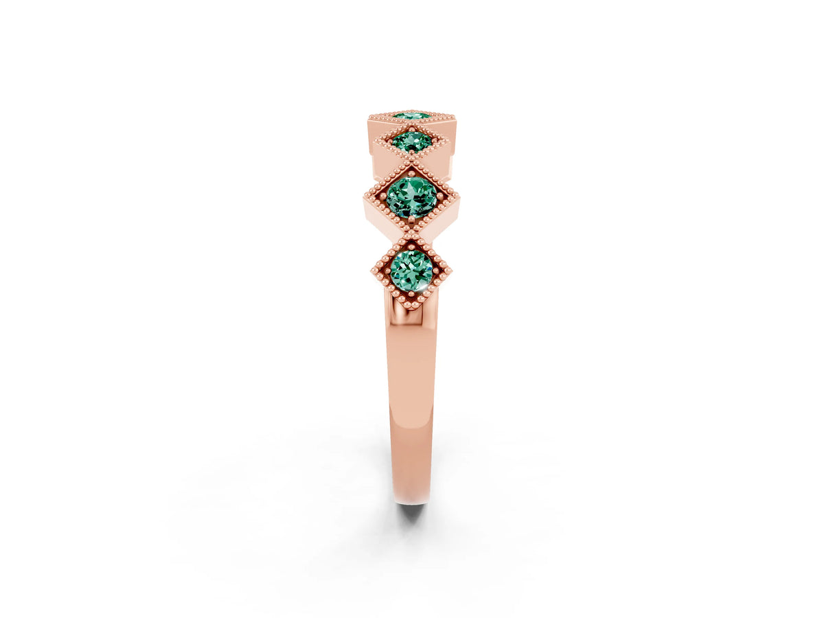 Round Green Sapphire Square Bezel Chevron Band in Rose gold with Milgrain Detailing_2