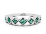 Round Green Sapphire Square Bezel Chevron Band in Silver with Milgrain Detailing