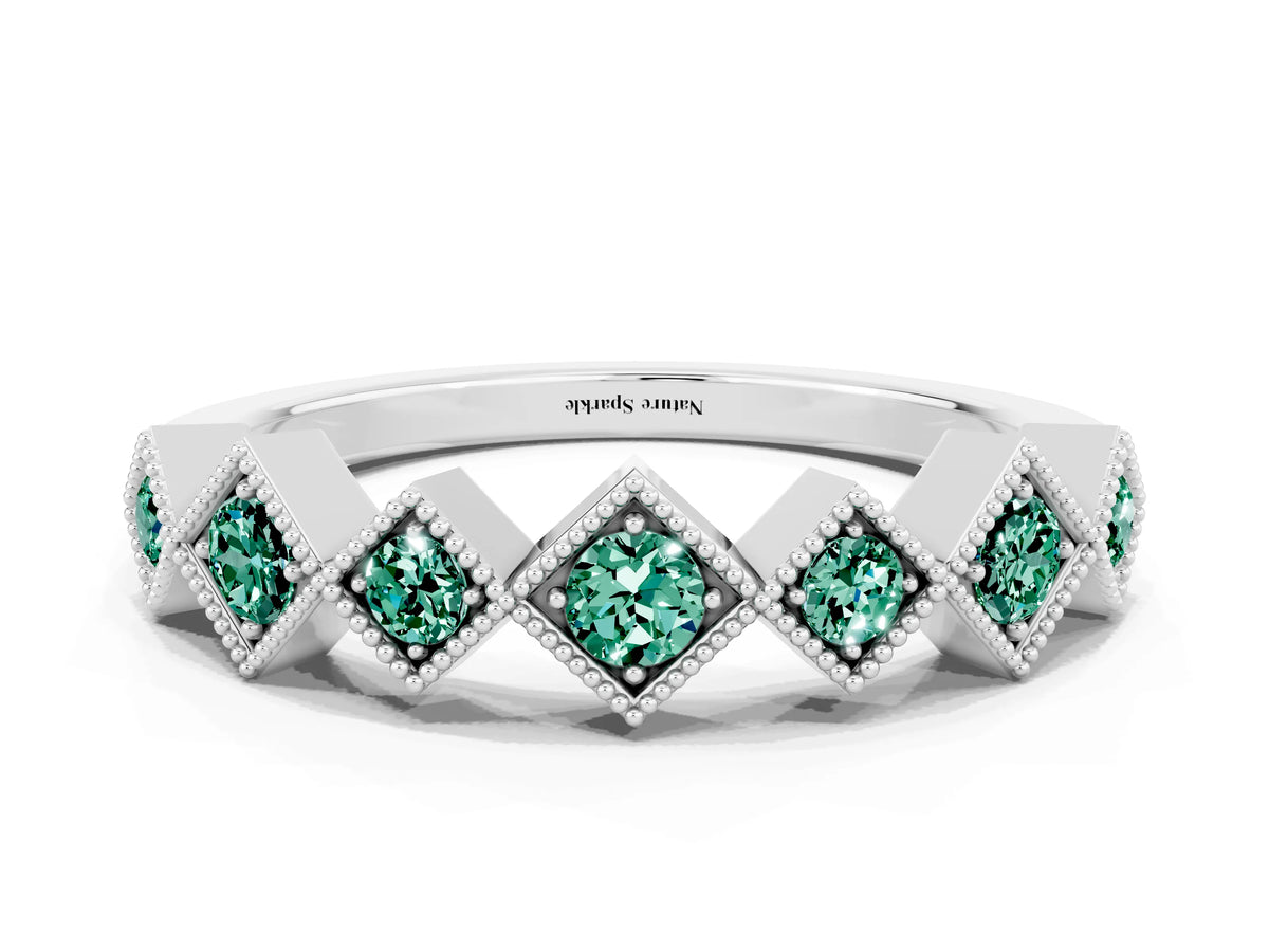 Round Green Sapphire Square Bezel Chevron Band in Silver with Milgrain Detailing