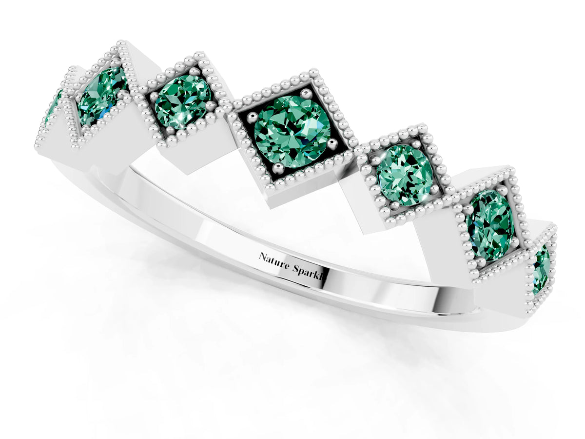 Round Green Sapphire Square Bezel Chevron Band in Silver with Milgrain Detailing_1