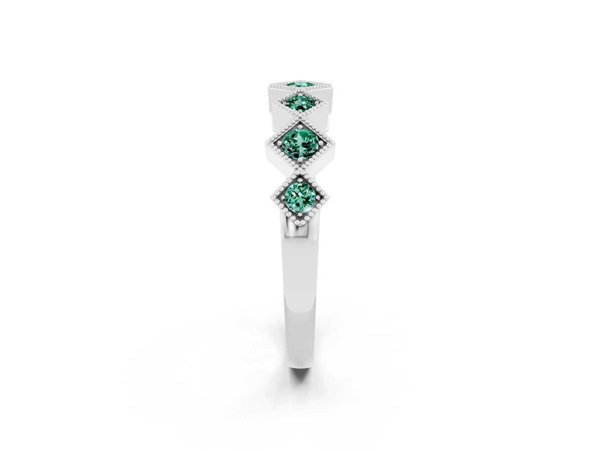 Round Green Sapphire Square Bezel Chevron Band in Silver with Milgrain Detailing_2